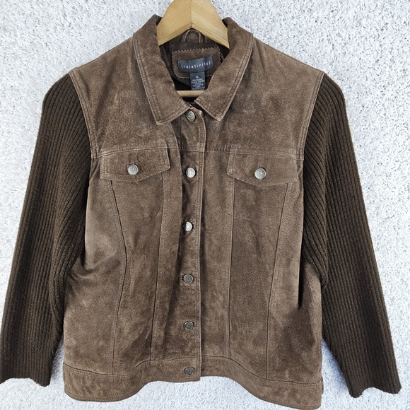 Relativity Jackets & Blazers - Relativity Leather Suede Button Up Jacket W/ Knit Sleeves Women's XL Chocolate